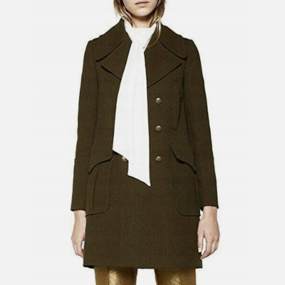 NWT ZARA COTTON WOOL KHAKI OLIVE GREEN DOUBLE BREASTED MILITARY COAT JACKET. M - Picture 1 of 14